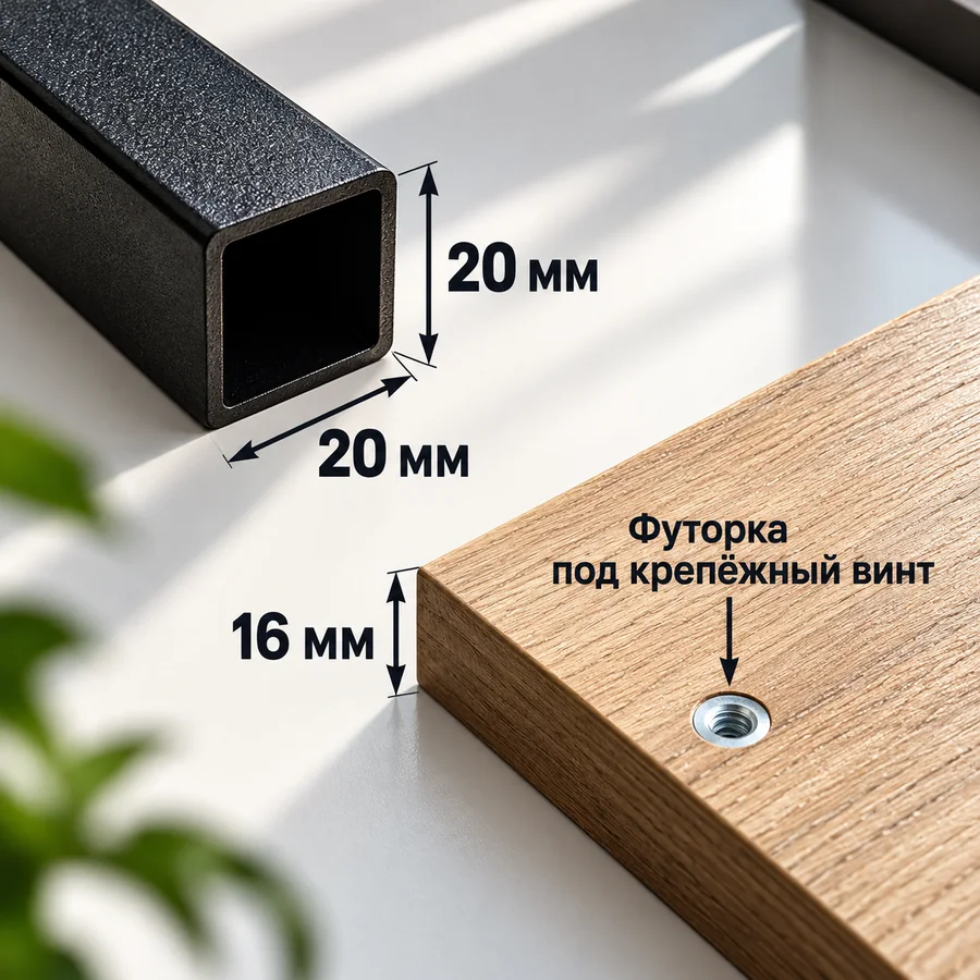 Металлический профиль 20 × 20 мм и полка толщиной 16 мм с футоркой под крепёжный винт